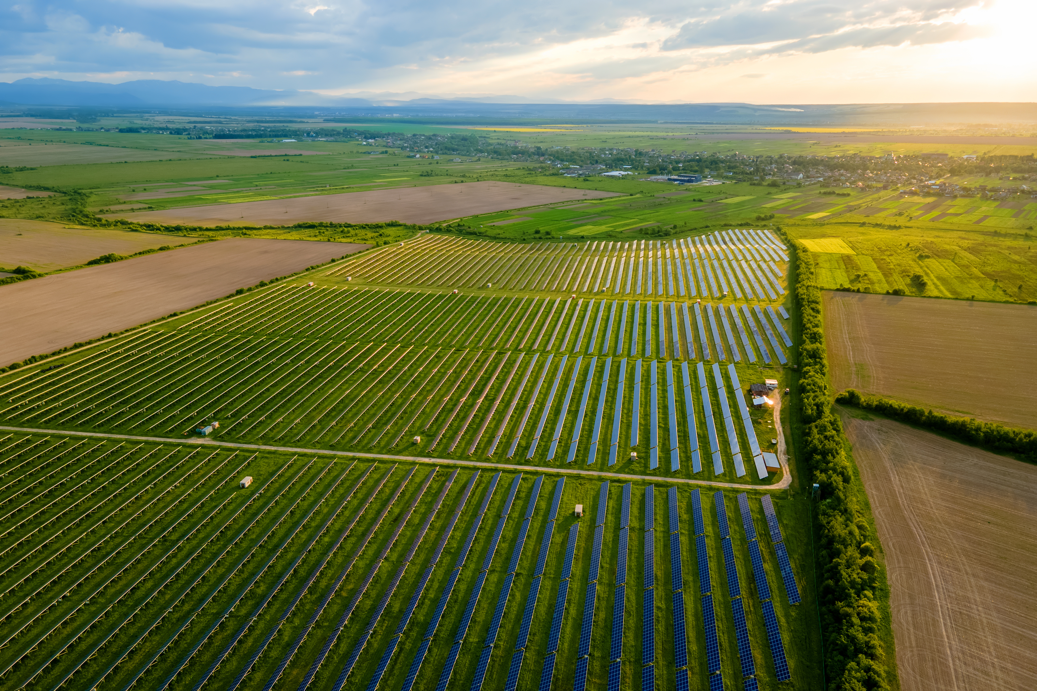 Aerial view of large sustainable electrical power plant with many rows of solar photovoltaic panels for producing clean ecological electric energy at sunrise. Renewable electricity with zero emission concept.